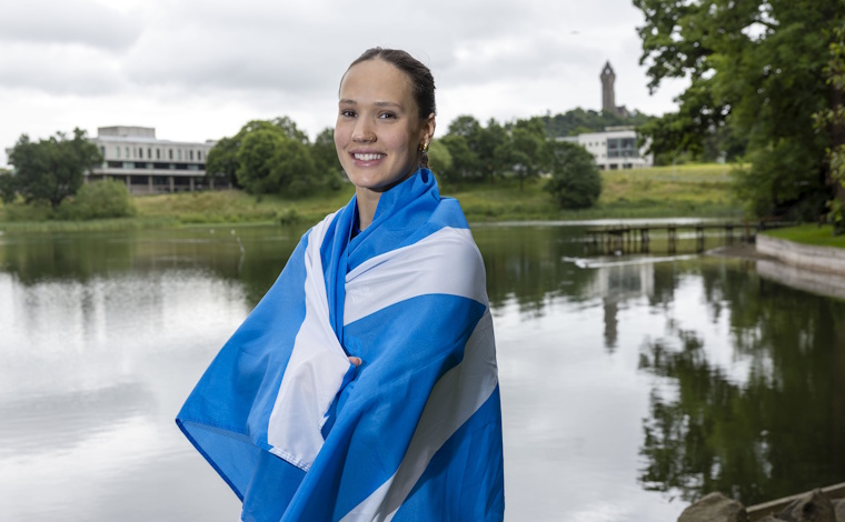 Angharad Evans draped in the Scotland flag.