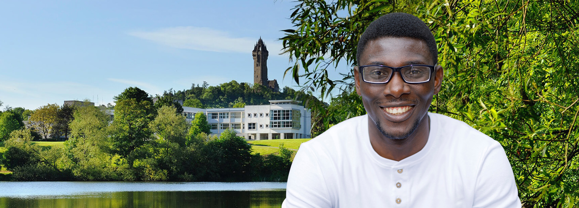 Student in front of University landscape