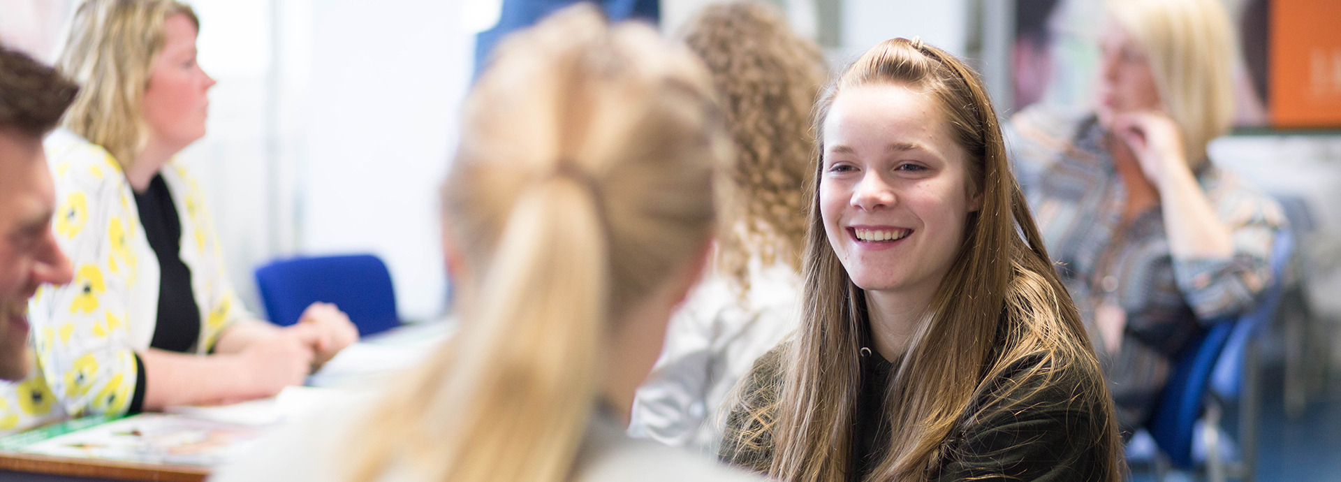 Prospective student speaking to another student at open day