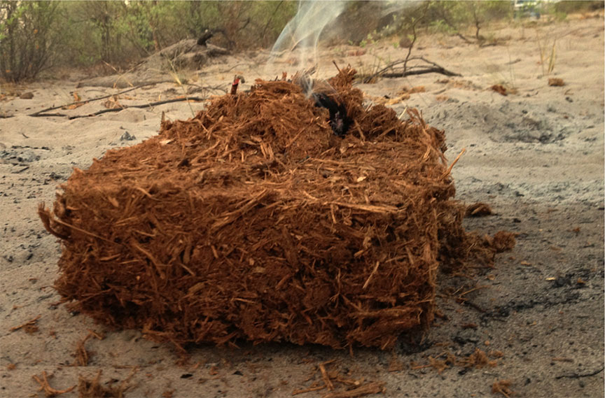 Burning chilli-briquettes - made from elephant dung and dried chillies