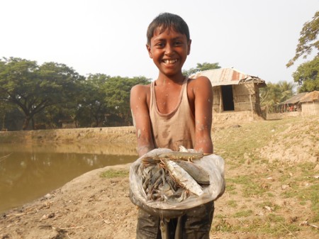 Boy holding a basket of fish in Bangladesh