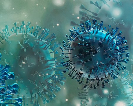 Chinese coronavirus COVID-19 under the microscope. 3d illustration