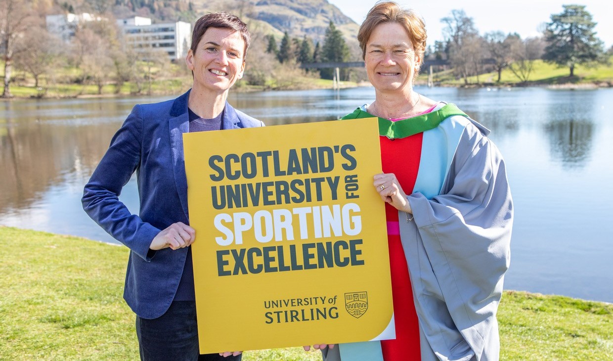 Cathy Gallagher and Catriona Matthew by the loch on campus