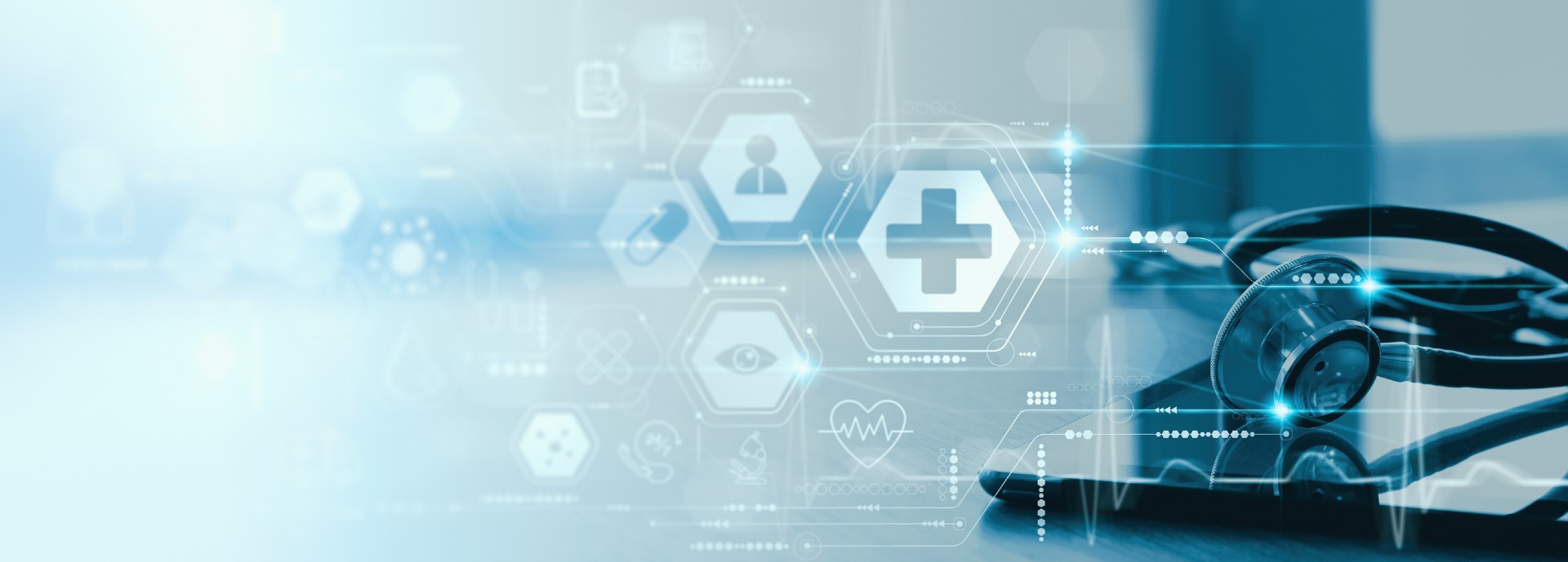 Close up of a stethoscope and digital tablet with virtual electronic medical record of patient on interface.