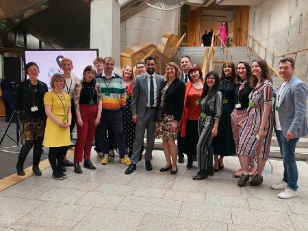 The Stirling research team photographed at the Scottish Parliament with First Minister Humza Yousaf