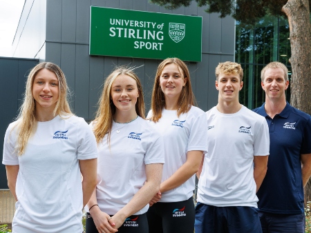 University of Stirling swimmers selected for the Euros. Left to right: Keanna MacInnes, Lucy Grieve, Evie Davis, Evan Jones, Bradley Hay (coach).