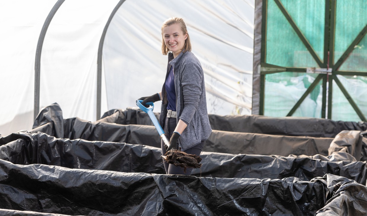 PhD researcher Georgina Page at University of Stirling with peat samples