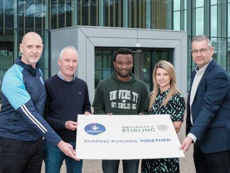 Photographed outside the Sports Centre on campus are Falkirk Foundation’s Chief Executive, Derek Allison, Falkirk Foundation Trustee, Craig Sinclair, Stirling student, Anthony Nwoke,  Sport Management lecturer Caitlin Rattray and Head of Sport at the Faculty of Health Sciences and Sport, Dr Paul Dimeo.