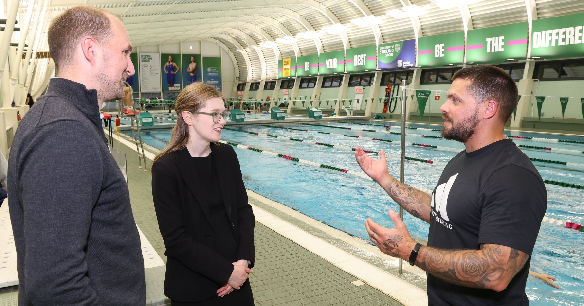 Director of Performance Sport David Bond, Jenny Young MSP, Head Swim Coach Ben Higson