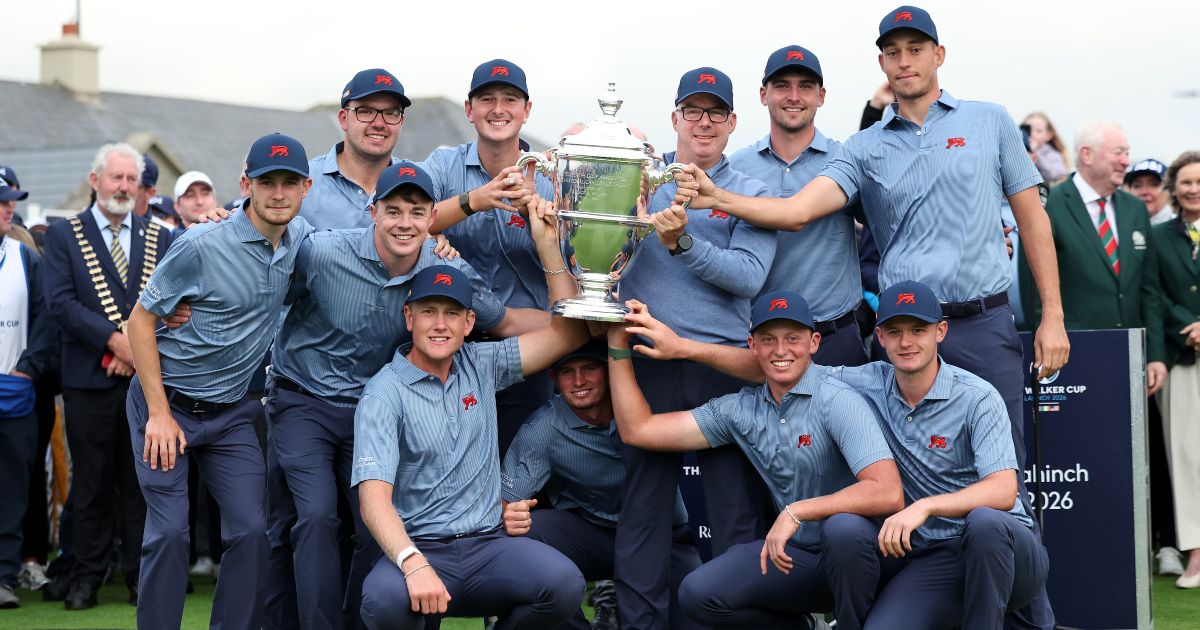 LAHINCH, IRELAND - SEPTEMBER 6: Great Britain & Ireland Captain Dean Robertson & The Great Britain & Ireland players celebrate with the trophy following their victory during the Sunday Singles on Day Two of the Walker Cup at Lahinch Golf Club on September 6, 2026 in Lahinch, County Clare. (Photo by Oisin Keniry/R&A/R&A via Getty Images)