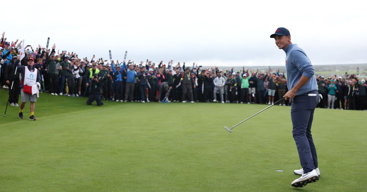 Josh Hill of Great Britain & Ireland celebrates holing the winning putt for victory during the Sunday Singles on Day Two of the Walker Cup at Lahinch Golf Club on September 6, 2026 in Lahinch, County Clare.