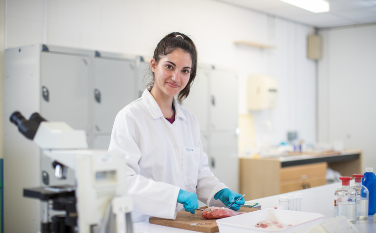 Woman dissecting fish with blue gloves in aquaculture lab